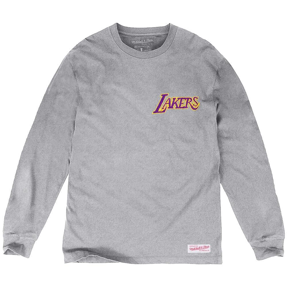 Mitchell And Ness Long Sleeve Tees Los Angeles Lakers Mitchell & Ness NBA Left Hit Long Sleeve T-Shirt - Grey