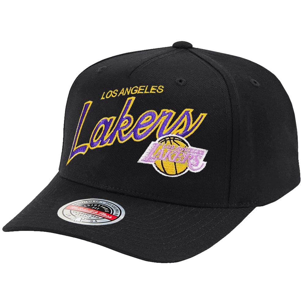 Mitchell And Ness Caps Los Angeles Lakers Mitchell & Ness NBA Logo Script Classic Red Snapback Hat - Black