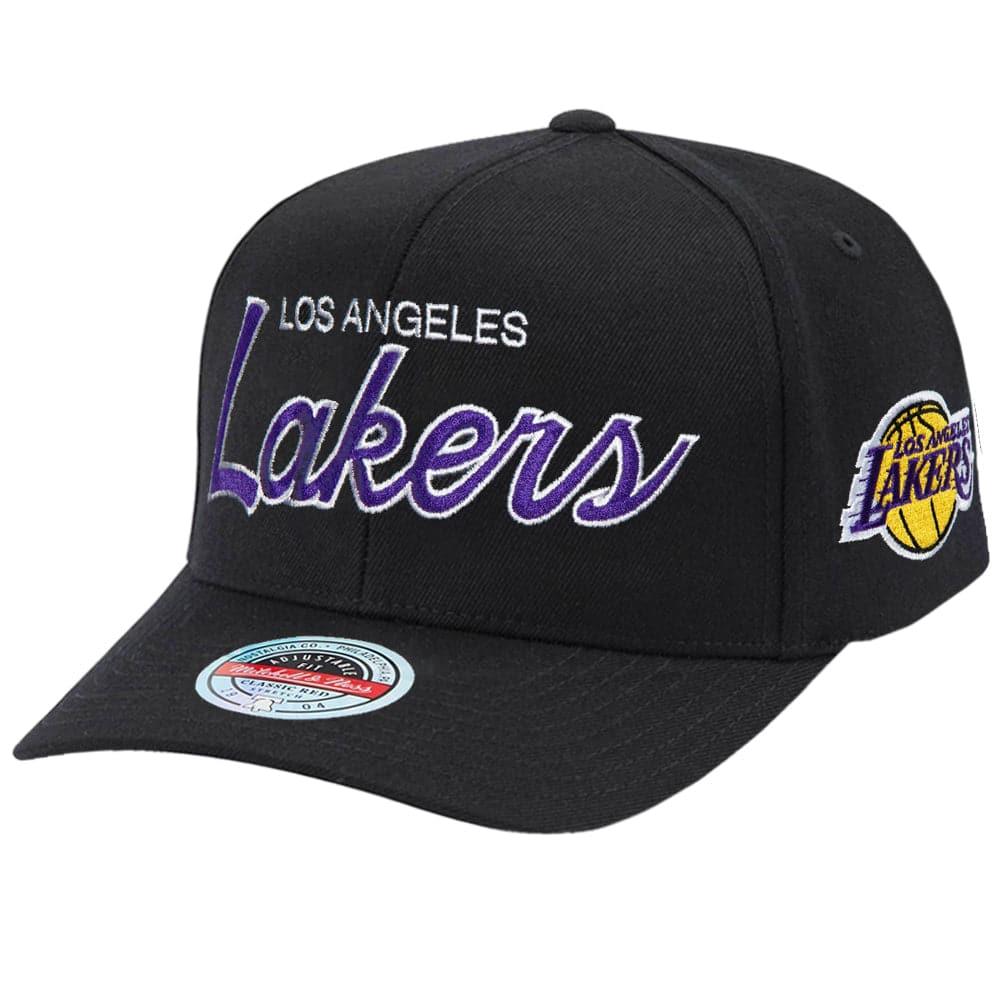 Mitchell And Ness Caps Los Angeles Lakers Mitchell & Ness NBA Script 2.0 Classic Red Snapback Hat - Black
