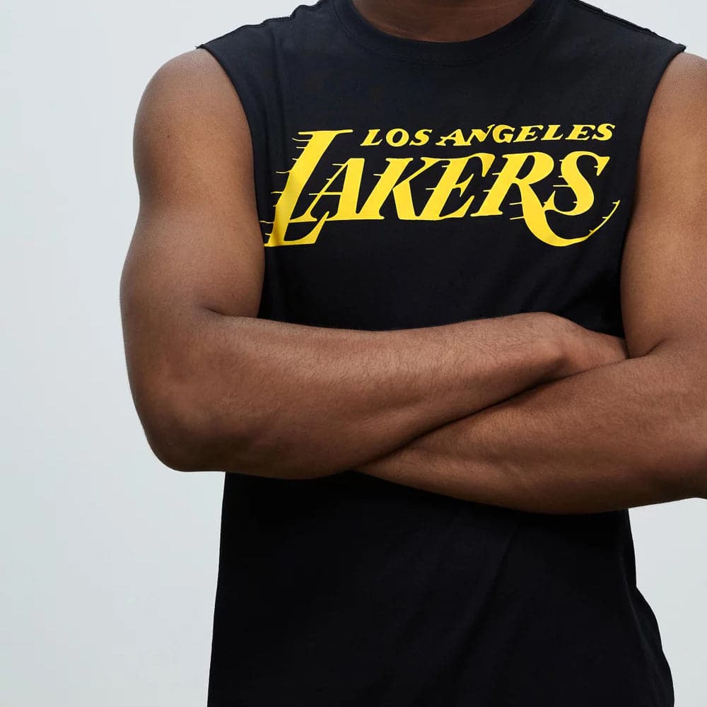Mitchell And Ness T-Shirts Los Angeles Lakers Mitchell & Ness NBA Wordmark Script Sleeveless Muscle T-Shirt - Black