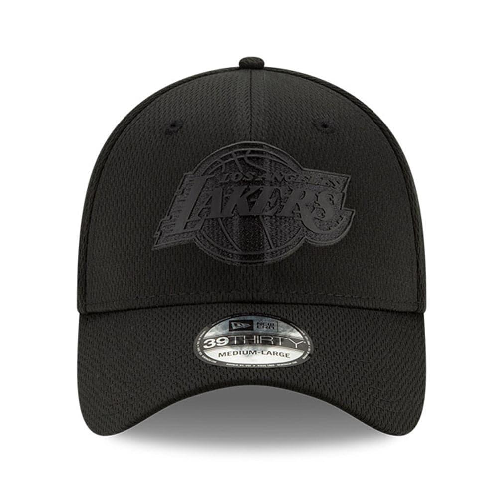 New Era Caps Los Angeles Lakers New Era NBA 2020 Back Half Black On Black 39THIRTY Flex Fit Curve Hat