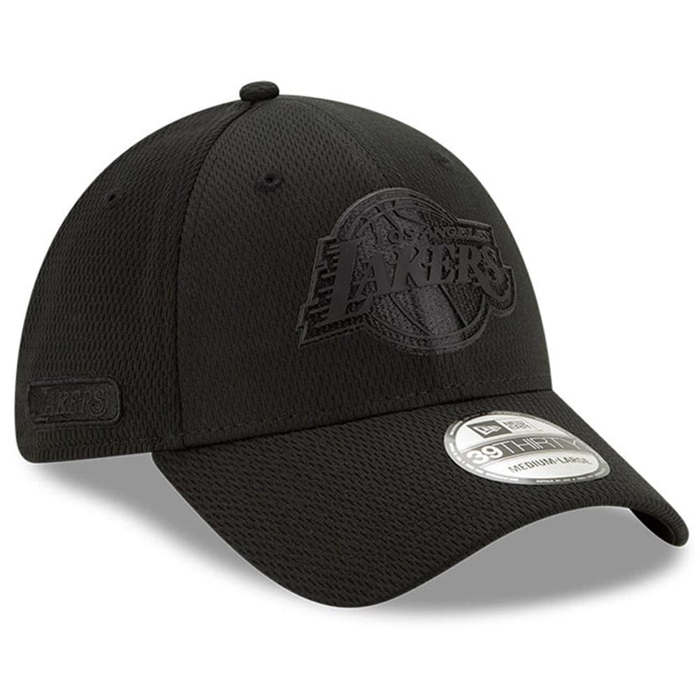 New Era Caps Los Angeles Lakers New Era NBA 2020 Back Half Black On Black 39THIRTY Flex Fit Curve Hat