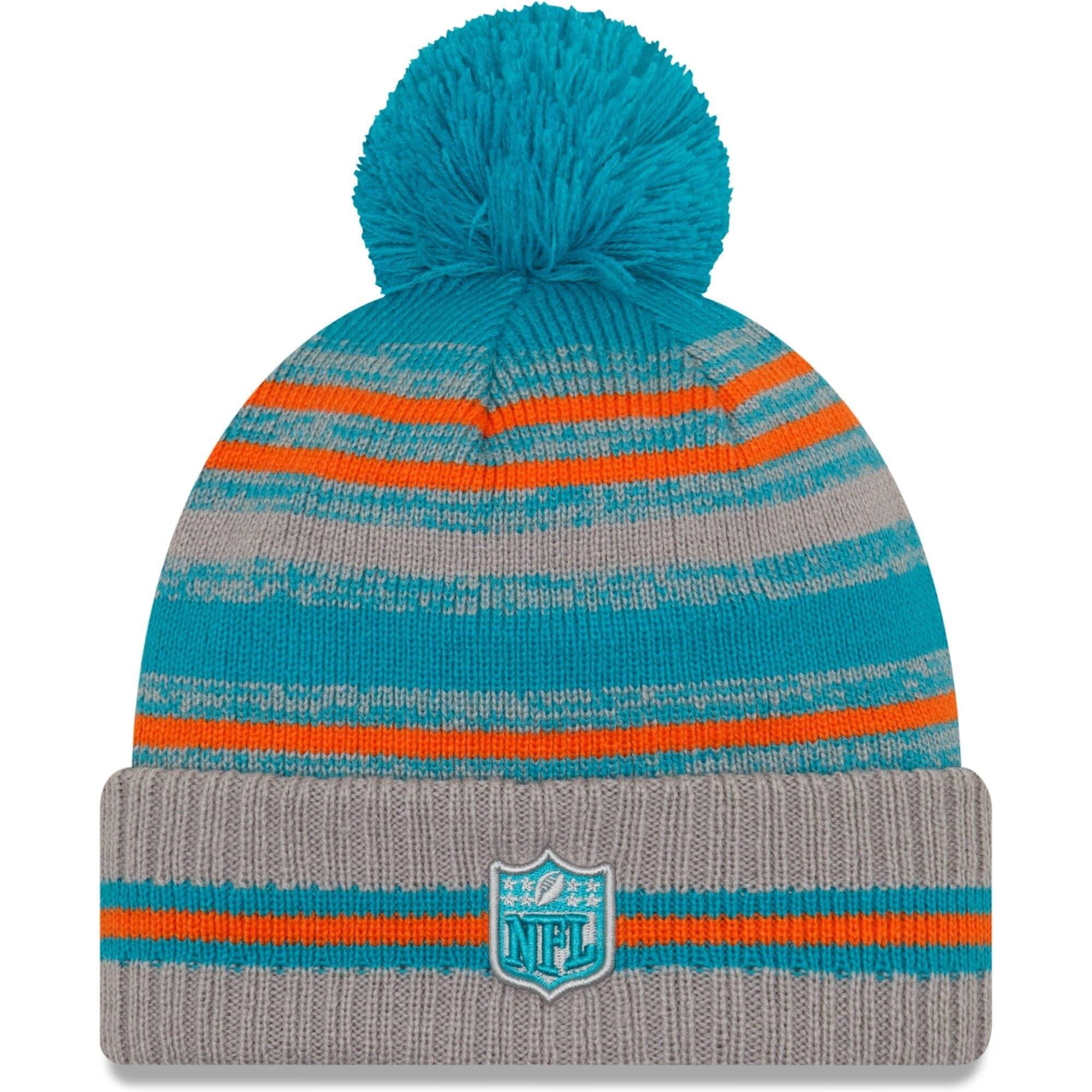 New Era Beanies Miami Dolphins New Era NFL 2021 Sideline Team Pom Knit Beanie - Grey