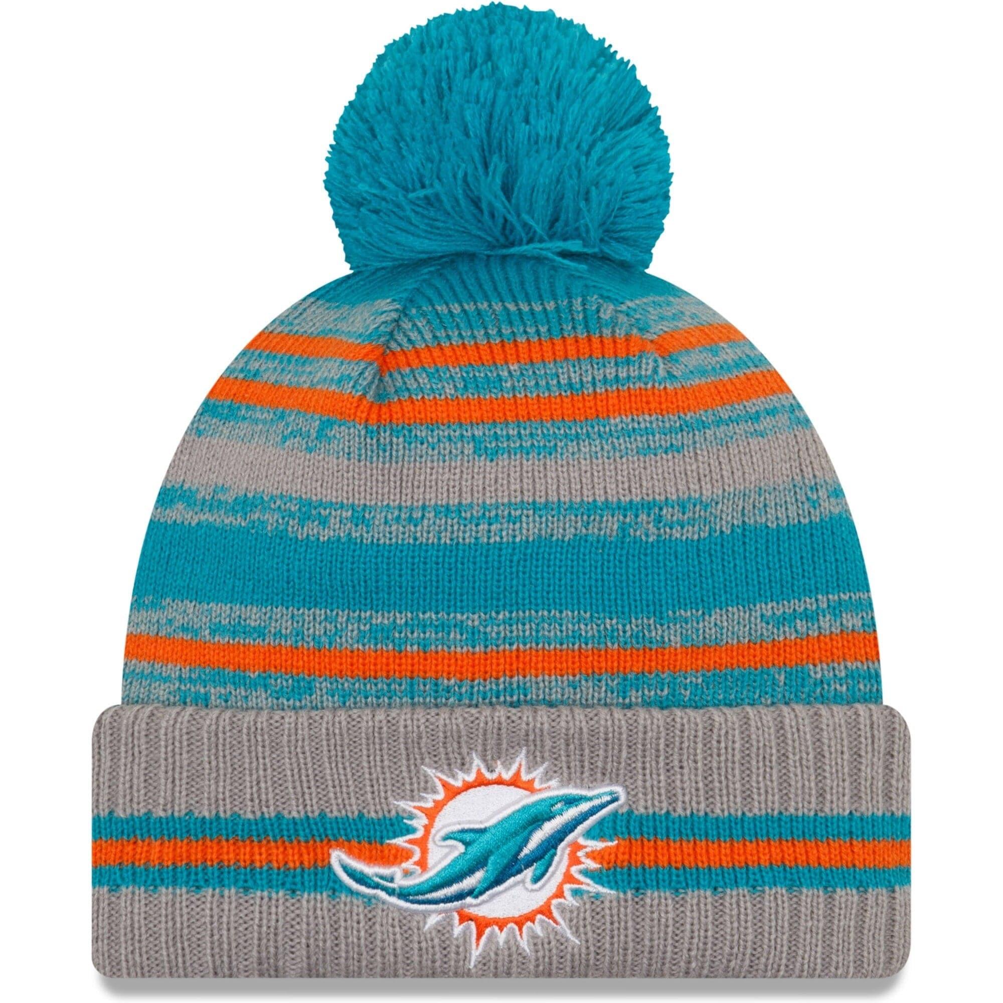 New Era Beanies Miami Dolphins New Era NFL 2021 Sideline Team Pom Knit Beanie - Grey