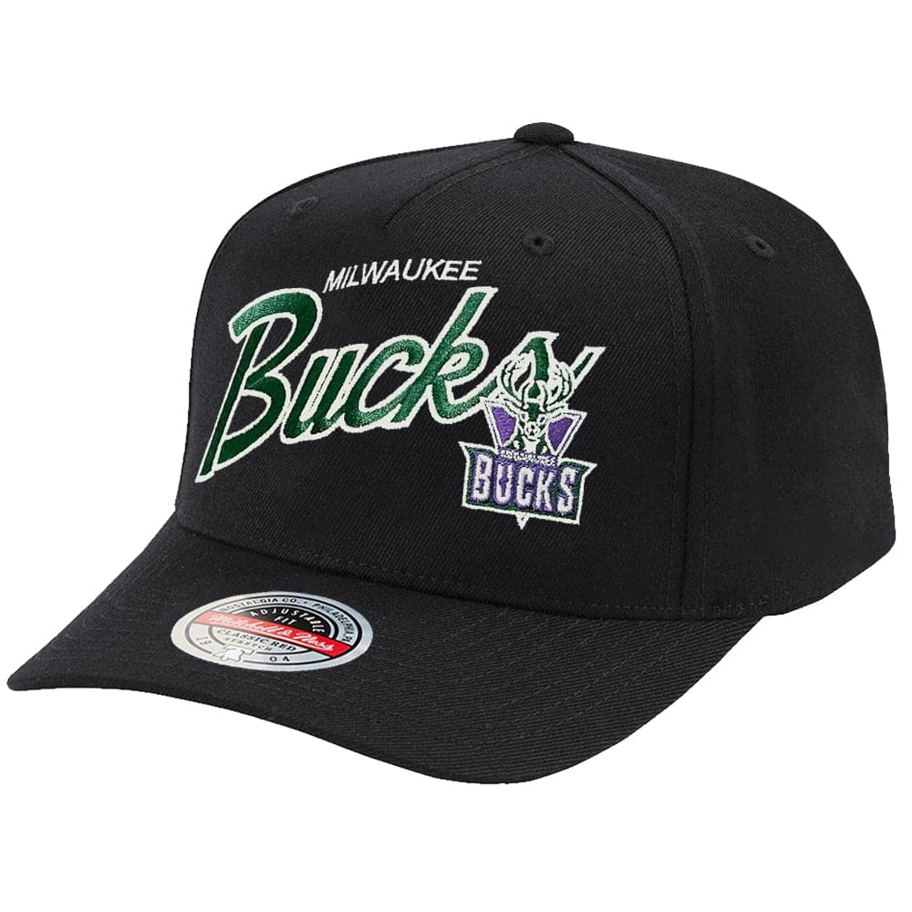 Mitchell And Ness Caps Milwaukee Bucks Mitchell & Ness NBA Logo Script Classic Red Snapback Hat - Black