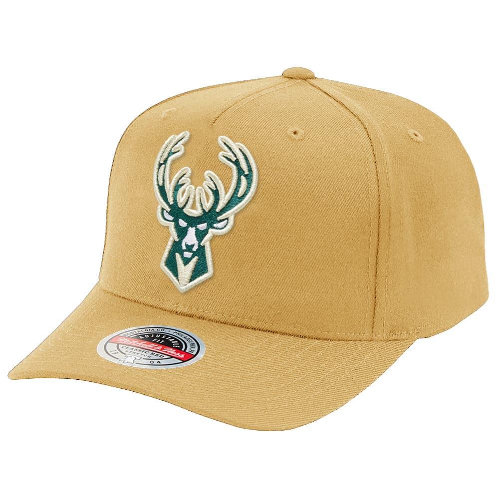 Mitchell And Ness Caps Milwaukee Bucks Mitchell & Ness NBA Team Classic Red Curve Snapback Hat - Khaki