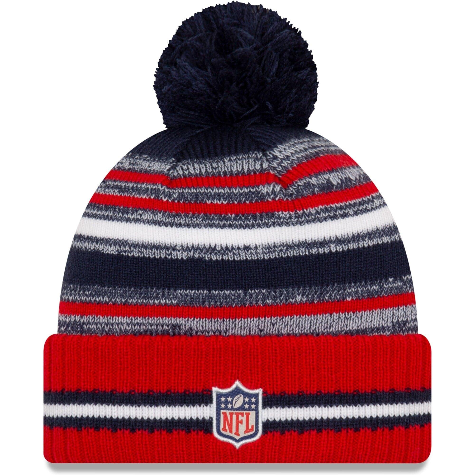 New Era Beanies New England Patriots New Era NFL 2021 Sideline Team Pom Knit Beanie - Red