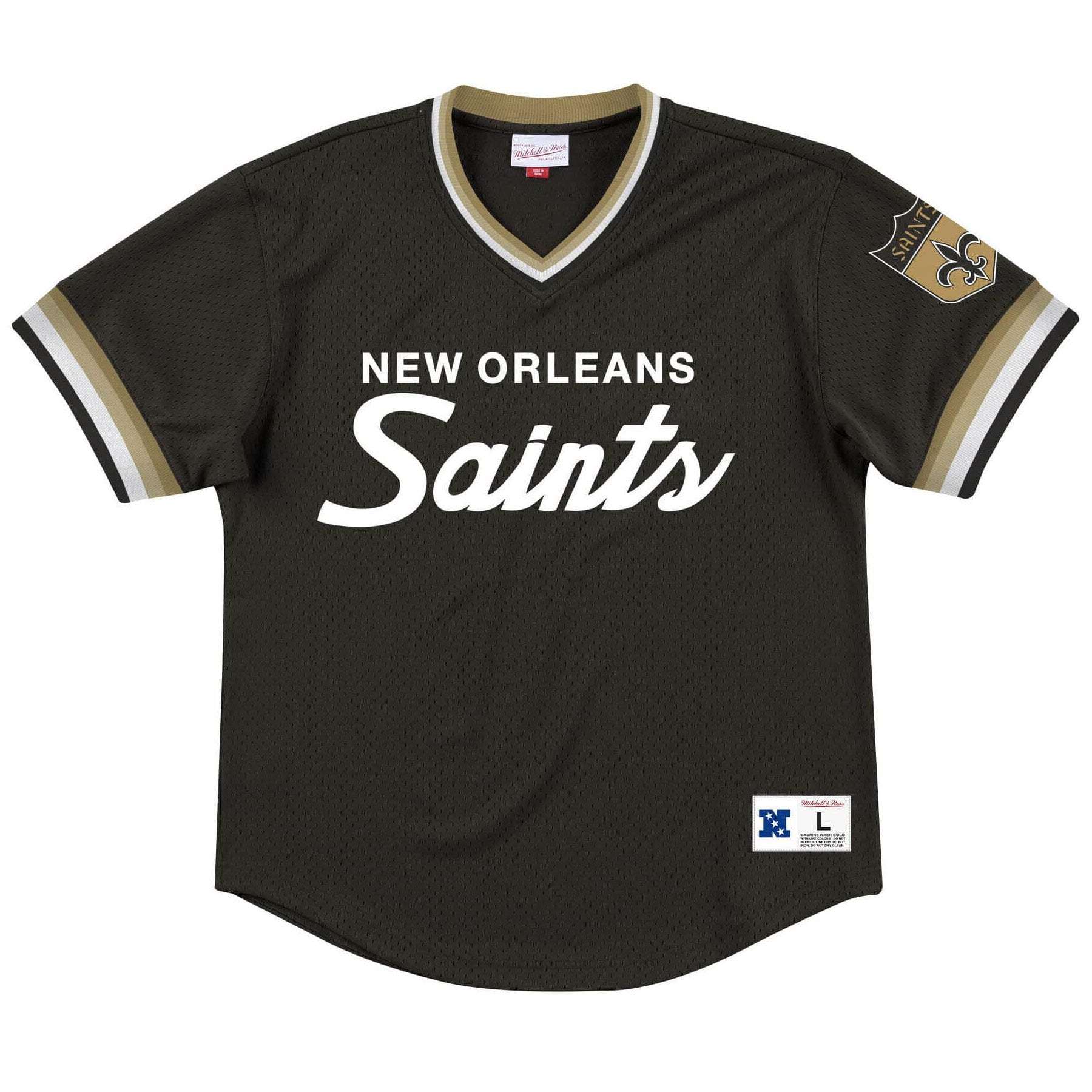 Mitchell And Ness T-Shirts New Orleans Saints Mitchell & Ness NFL Special Script Mesh V-Neck - Black