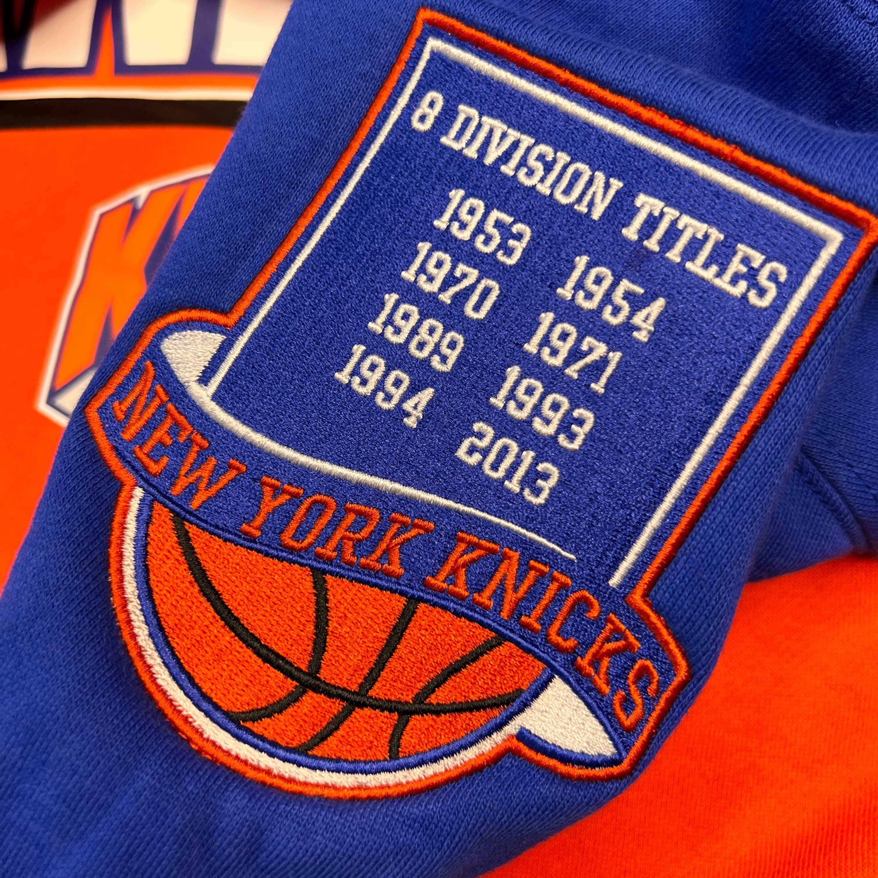 Mitchell And Ness Jumpers New York Knicks Mitchell & Ness NBA All Over 2.0 Crew Jumper - Orange