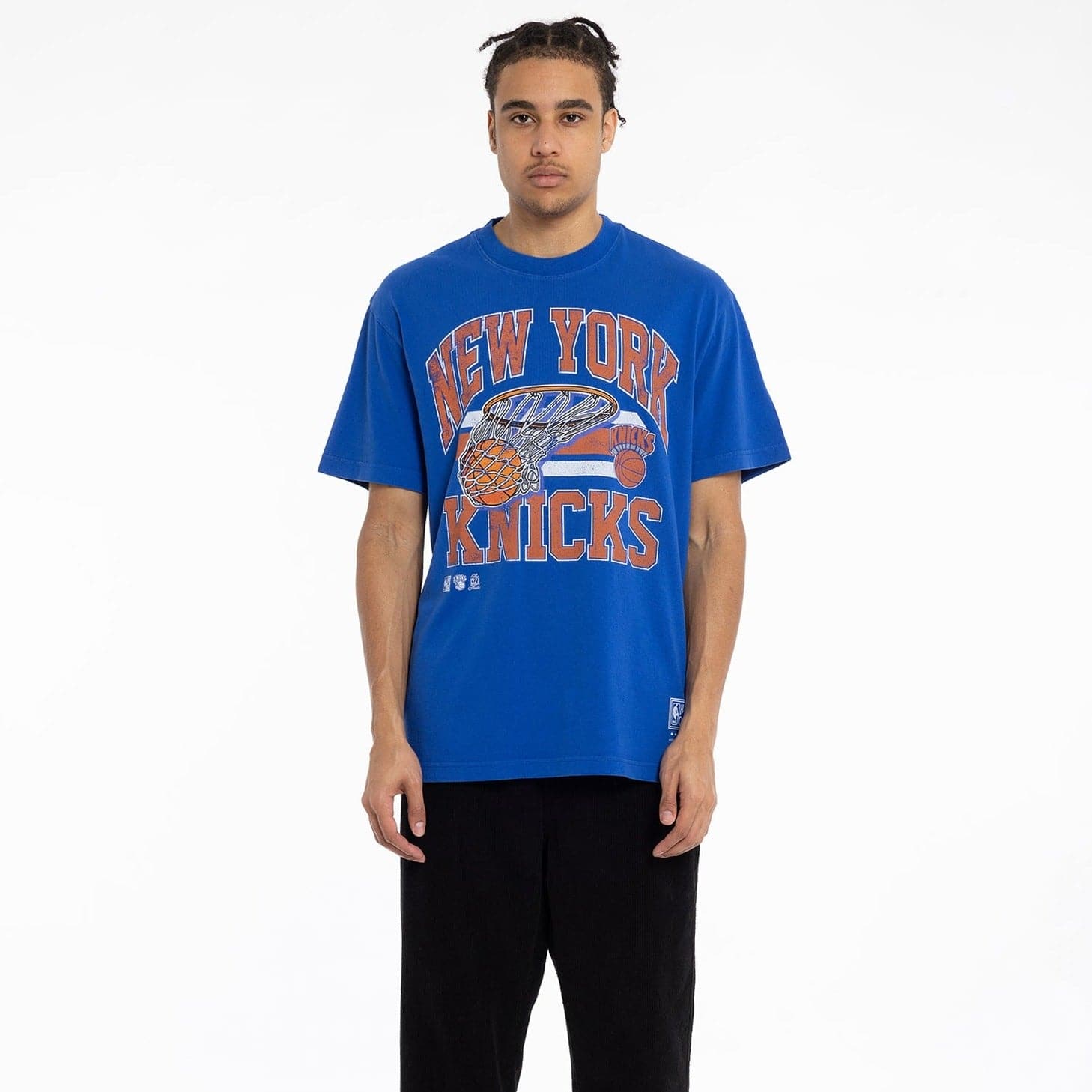 Mitchell And Ness T-Shirts New York Knicks Mitchell & Ness NBA Bucket Vintage T-Shirt - Faded Blue