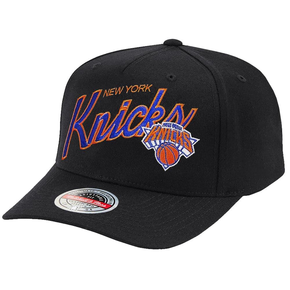 Mitchell And Ness Caps New York Knicks Mitchell & Ness NBA Logo Script Classic Red Snapback Hat - Black