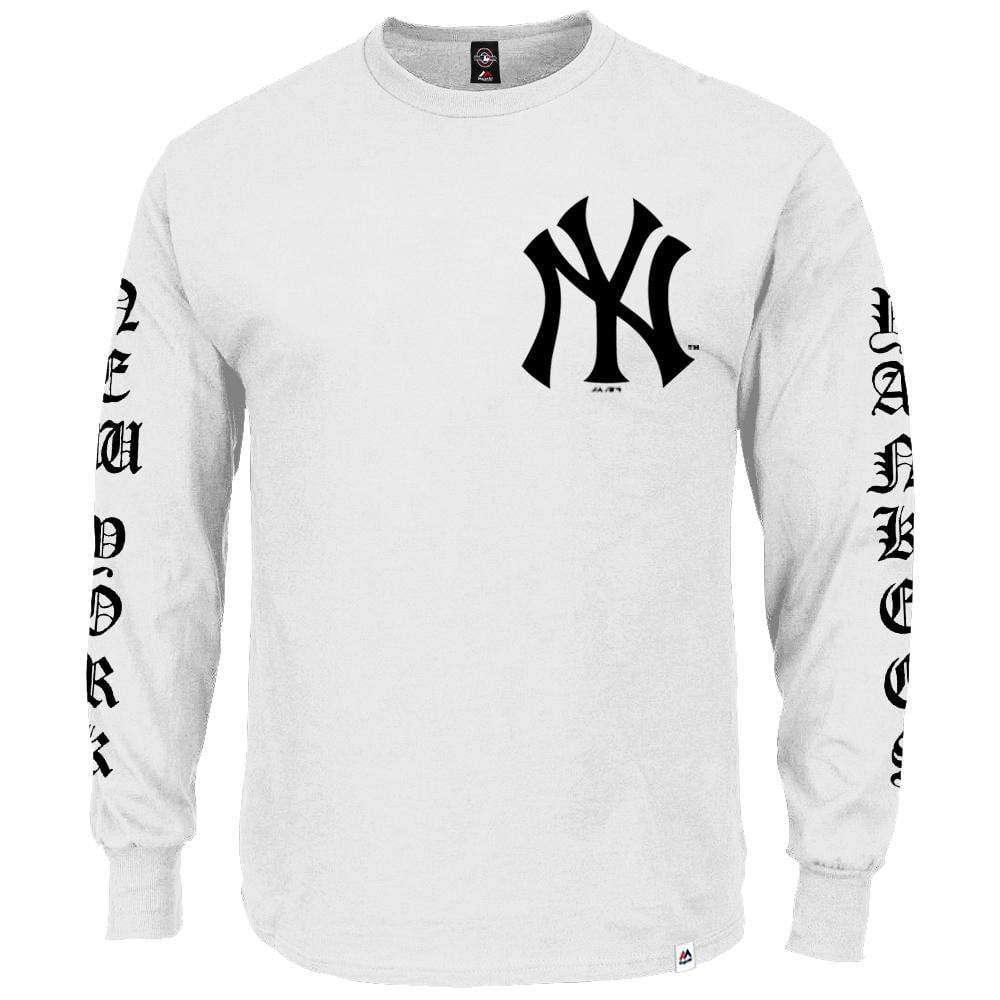 Majestic Athletic Long Sleeve Tees New York Yankees Majestic MLB Gothic Long Sleeve T-Shirt - White