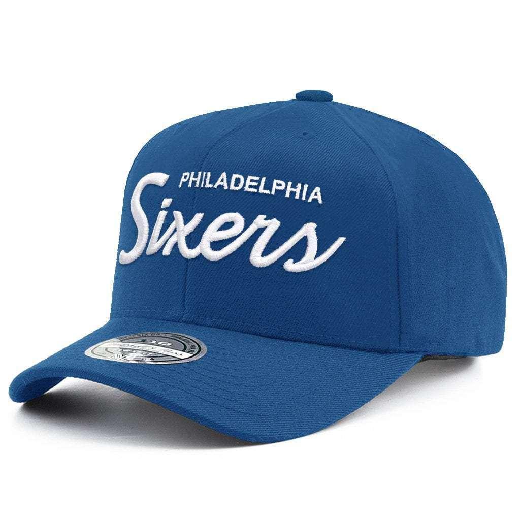 Mitchell And Ness Caps Philadelphia 76ers Mitchell & Ness NBA 110 Script Pre-Curve Snapback Hat - Blue