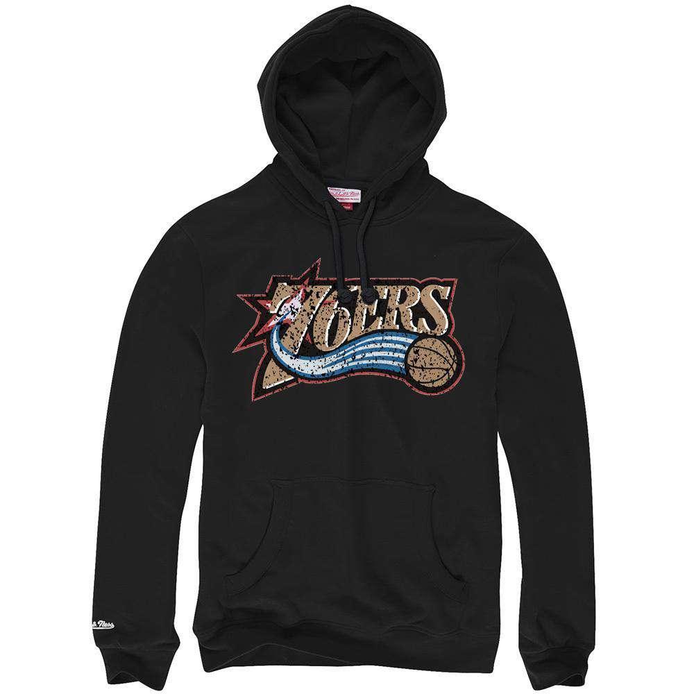 Mitchell And Ness Jumpers Philadelphia 76ers Mitchell & Ness NBA Distressed Logo Hoodie Jumper - Black