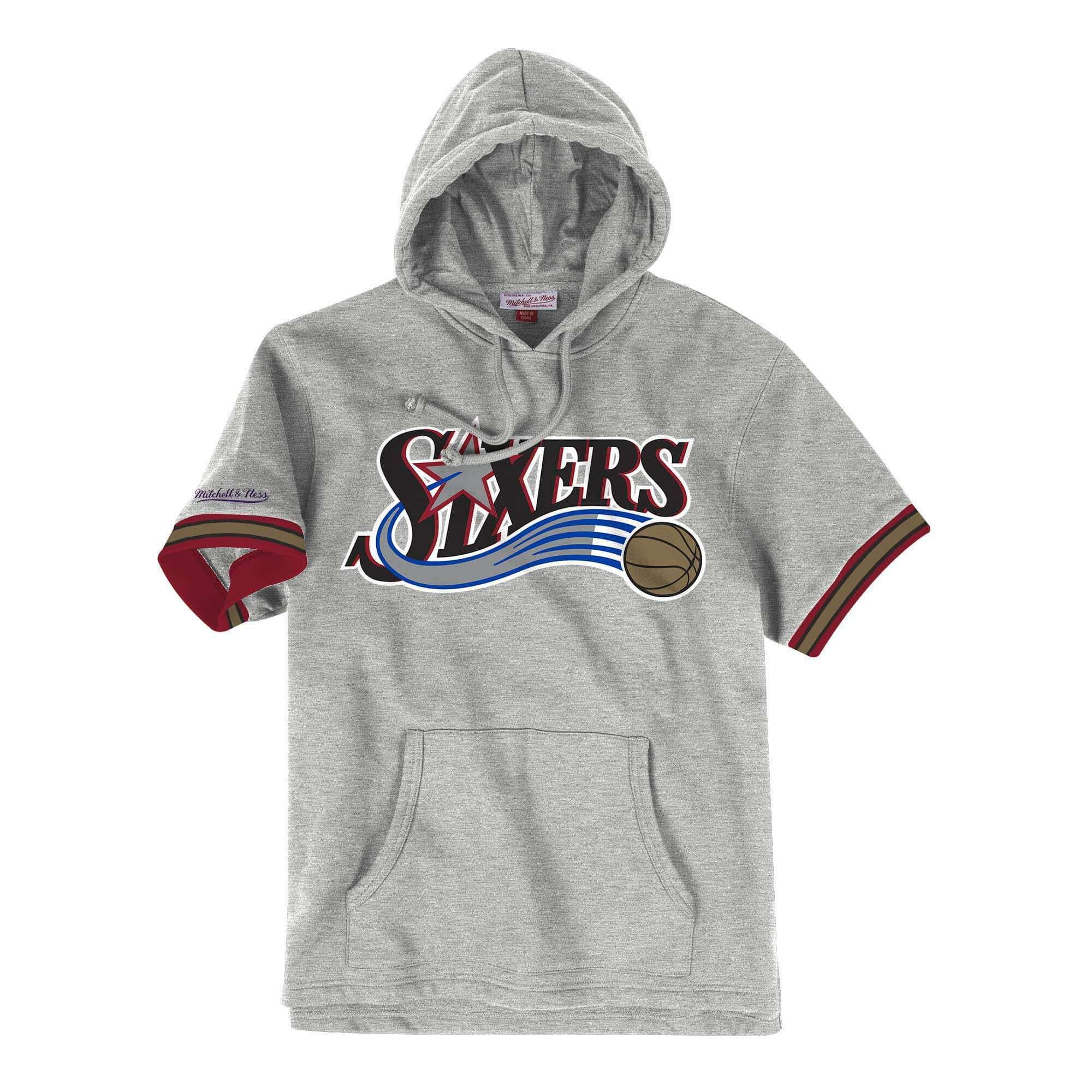 Mitchell And Ness Jumpers Philadelphia 76ers Mitchell & Ness NBA French Terry Short Sleeve Hoodie Jumper - Grey