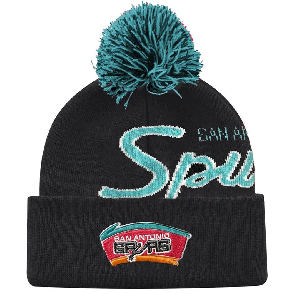 Mitchell And Ness Beanies San Antonio Spurs Mitchell & Ness NBA Script Burst Pom Knit Beanie - Black