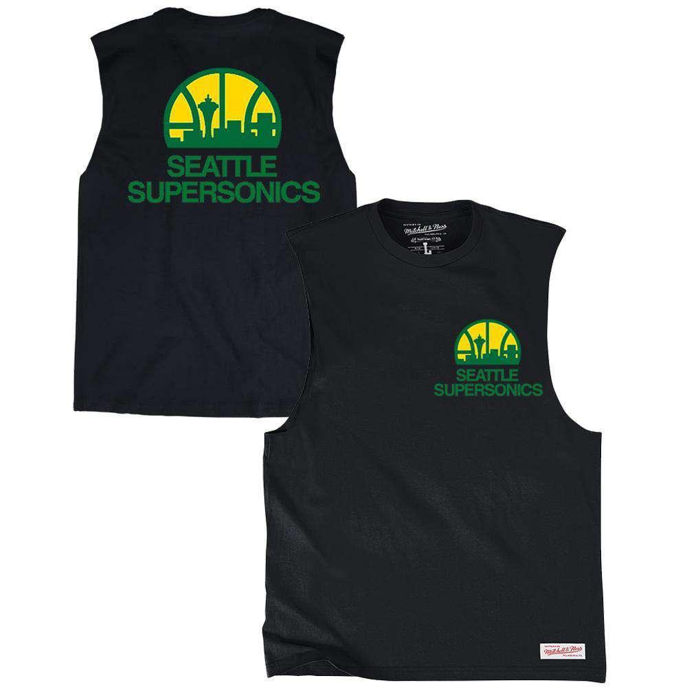 Mitchell And Ness T-Shirts Seattle Supersonics Mitchell & Ness NBA Retro Repeat Muscle T-Shirt - Black