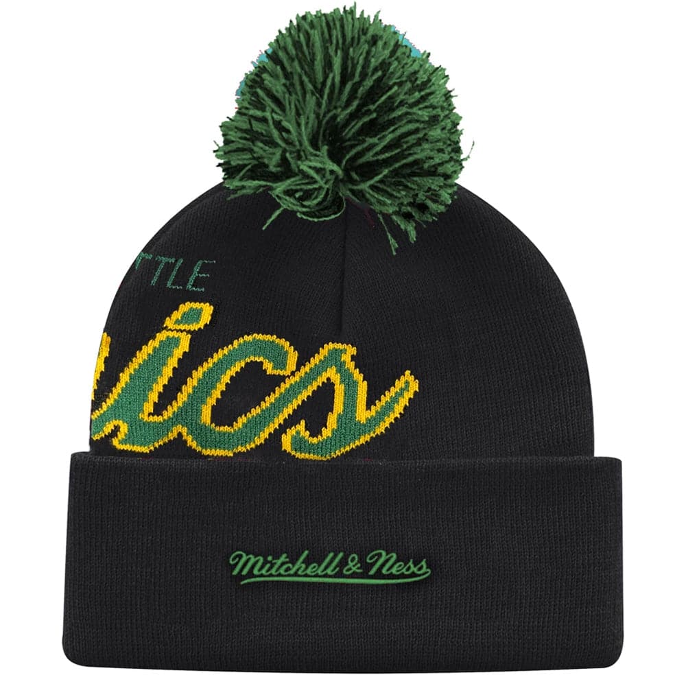 Mitchell And Ness Beanies Seattle Supersonics Mitchell & Ness NBA Script Burst Pom Knit Beanie - Black