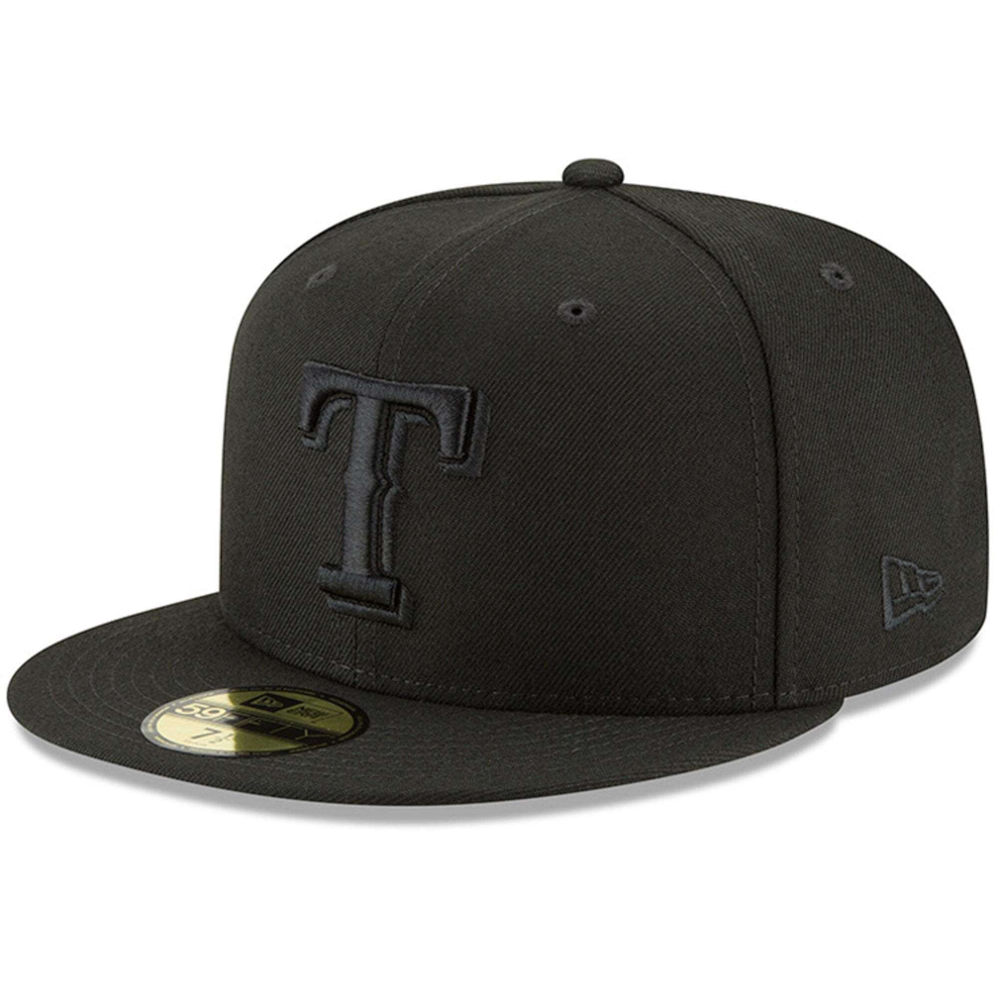New Era Caps 7 1/4 Texas Rangers New Era MLB Black On Black 59FIFTY Fitted Hat - Black
