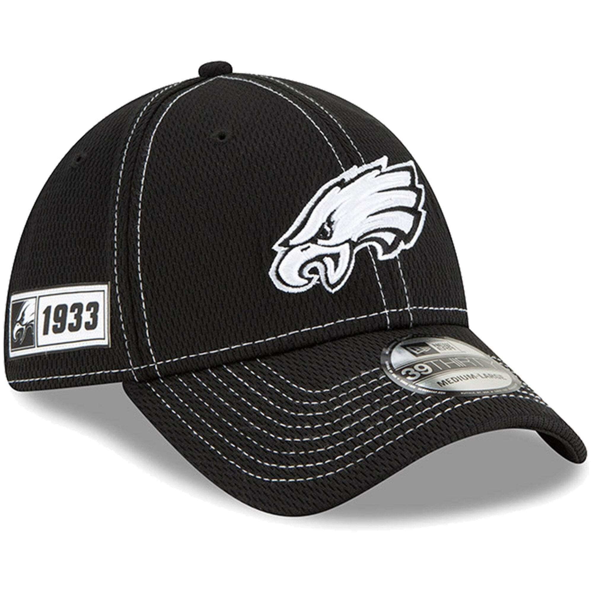 Philadelphia Eagles New Era NFL 2019 Sideline Black & White 39THIRTY Stretch-Fit Curve Hat