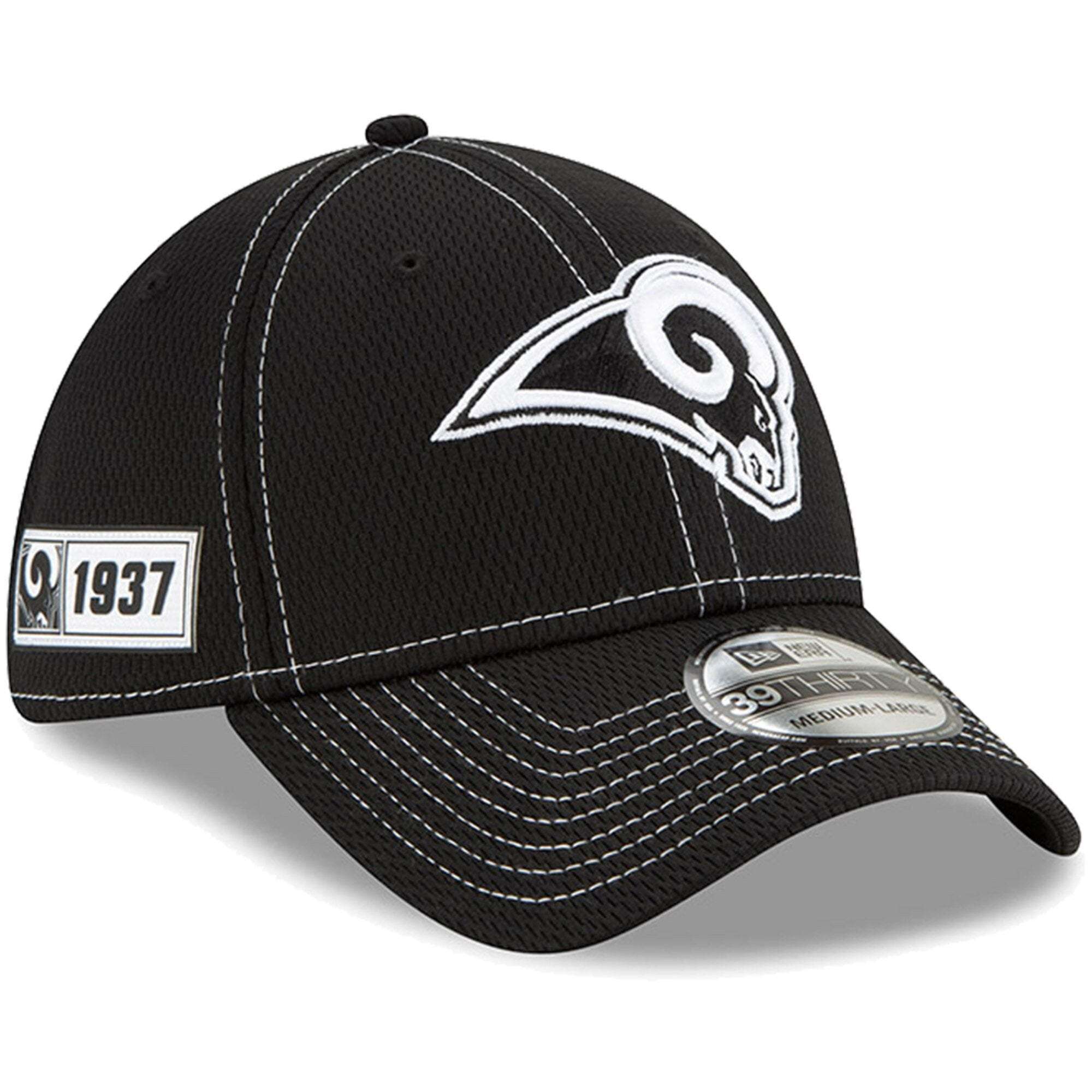 Los Angeles Rams New Era NFL 2019 Sideline Black & White 39THIRTY Stretch-Fit Curve Hat