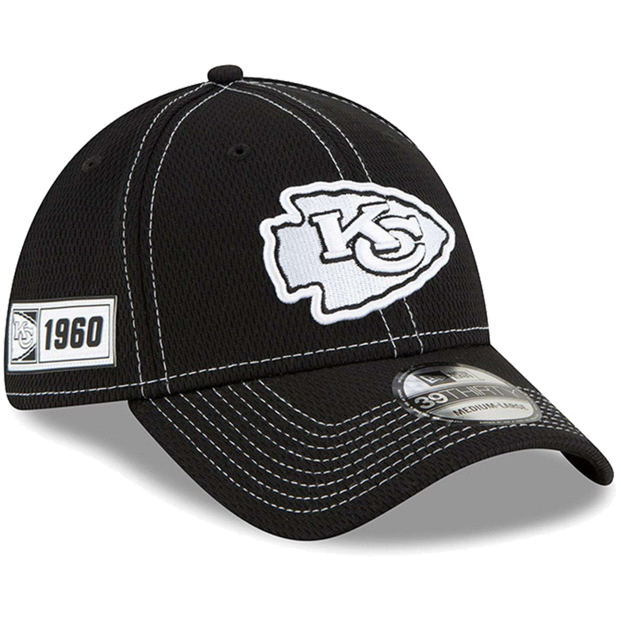 Kansas City Chiefs New Era NFL 2019 Sideline Black & White 39THIRTY Stretch-Fit Curve Hat