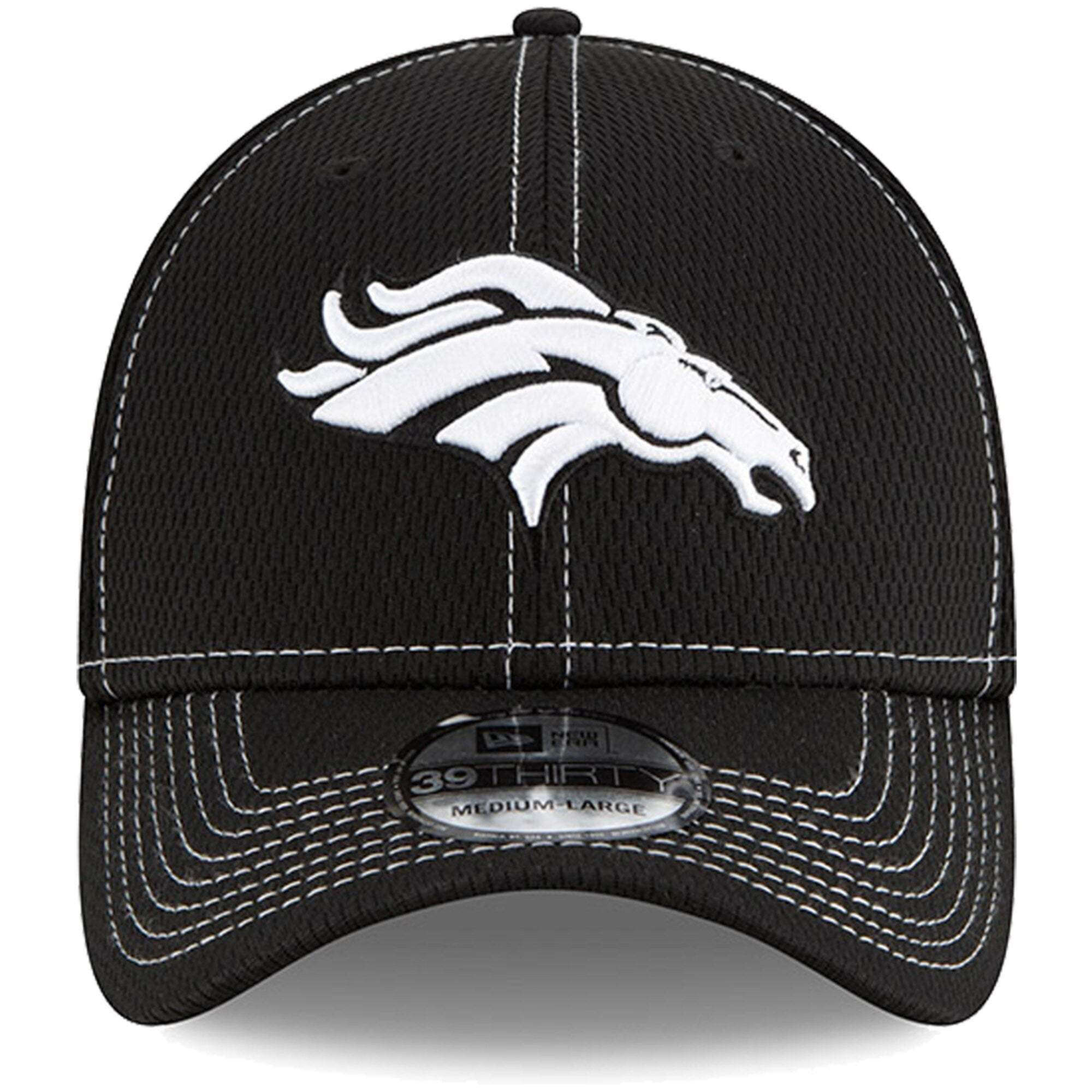 Denver Broncos New Era NFL 2019 Sideline Black & White 39THIRTY Stretch-Fit Curve Hat