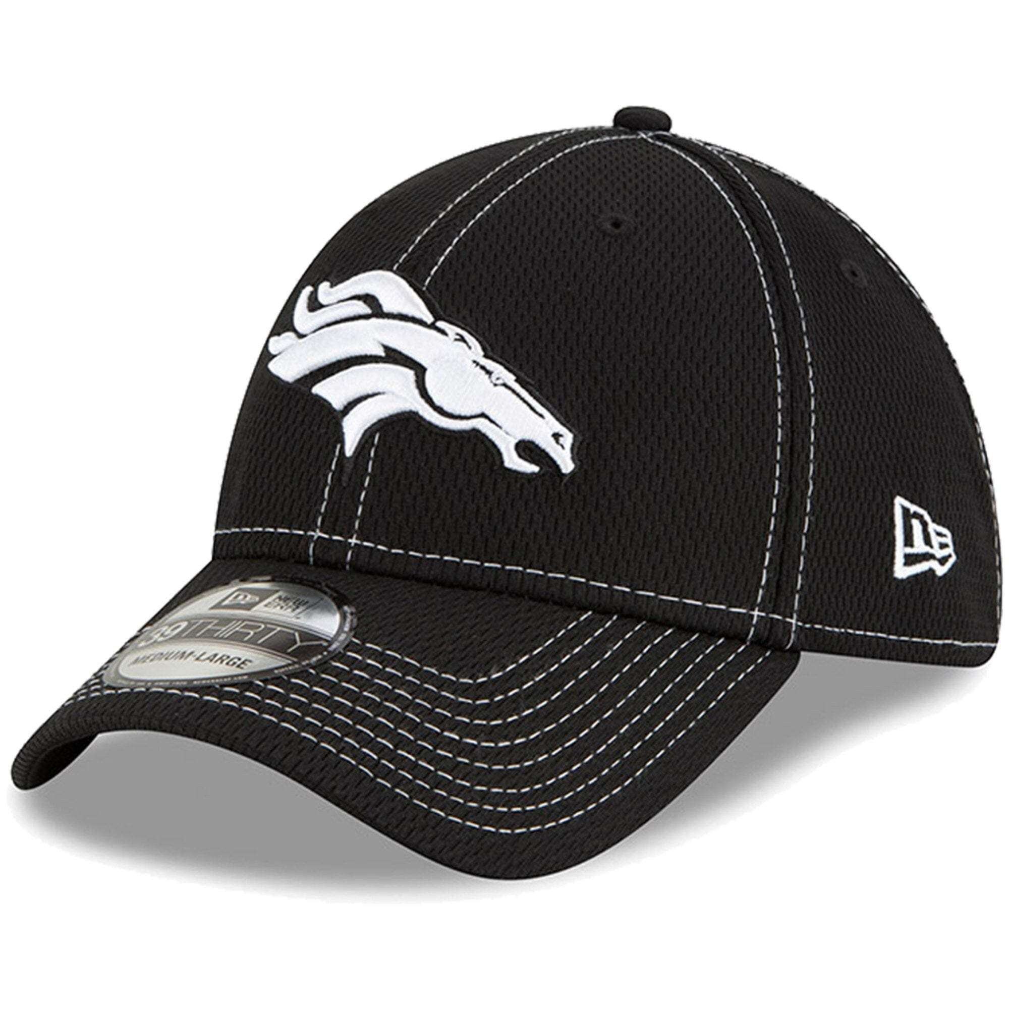 Denver Broncos New Era NFL 2019 Sideline Black & White 39THIRTY Stretch-Fit Curve Hat
