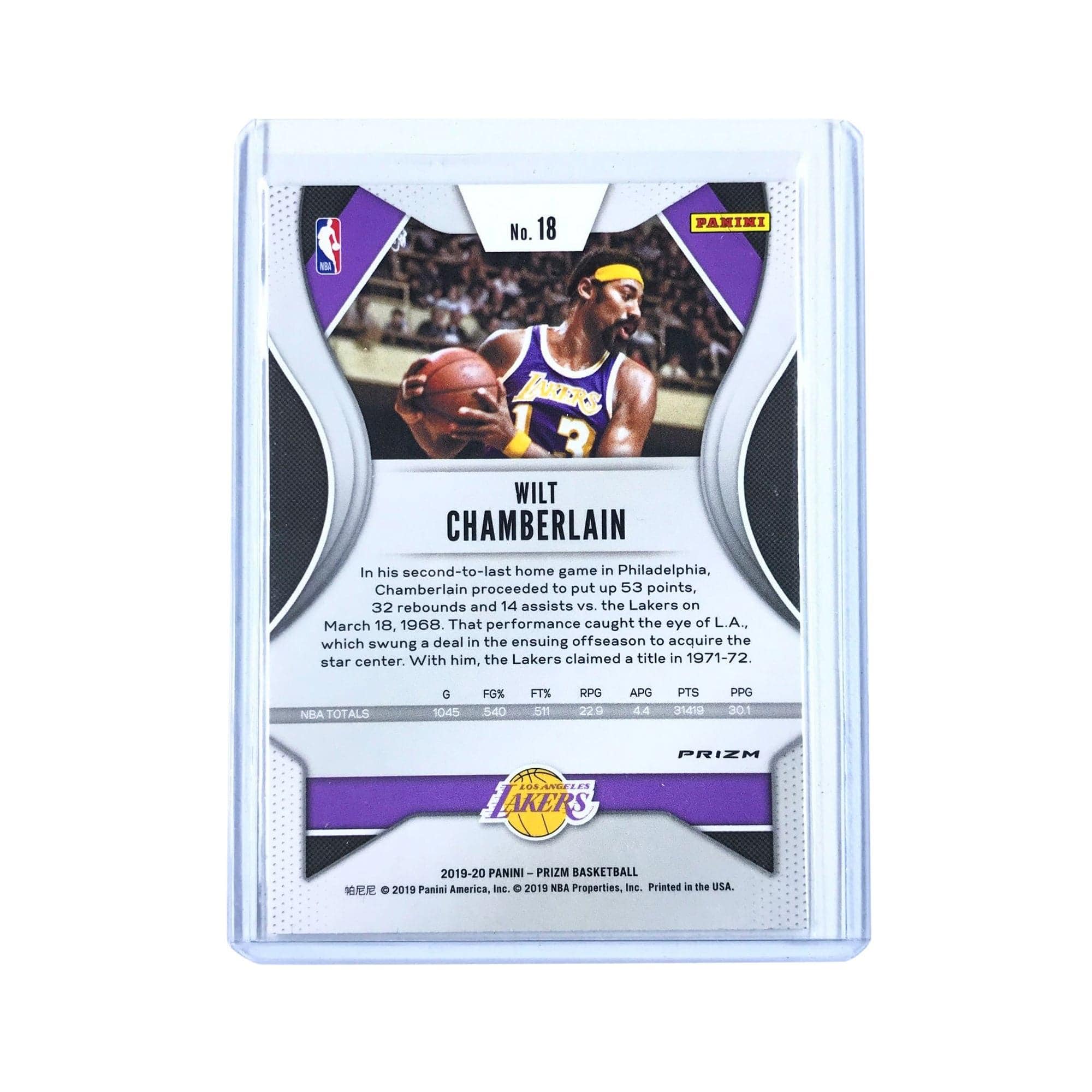 Panini Cards Wilt Chamberlain Los Angeles Lakers 2019-20 Panini Prizm NBA Silver 18 Card