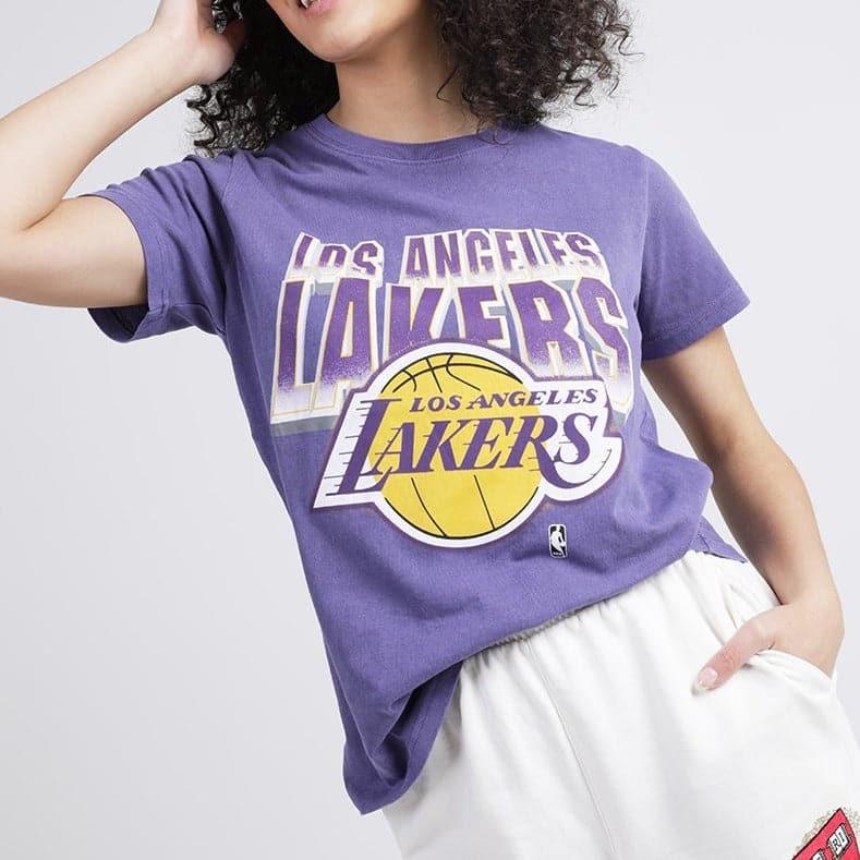 Mitchell And Ness T-Shirts Womens Los Angeles Lakers Mitchell & Ness NBA 90's Block Blur Vintage T-Shirt - Faded Purple