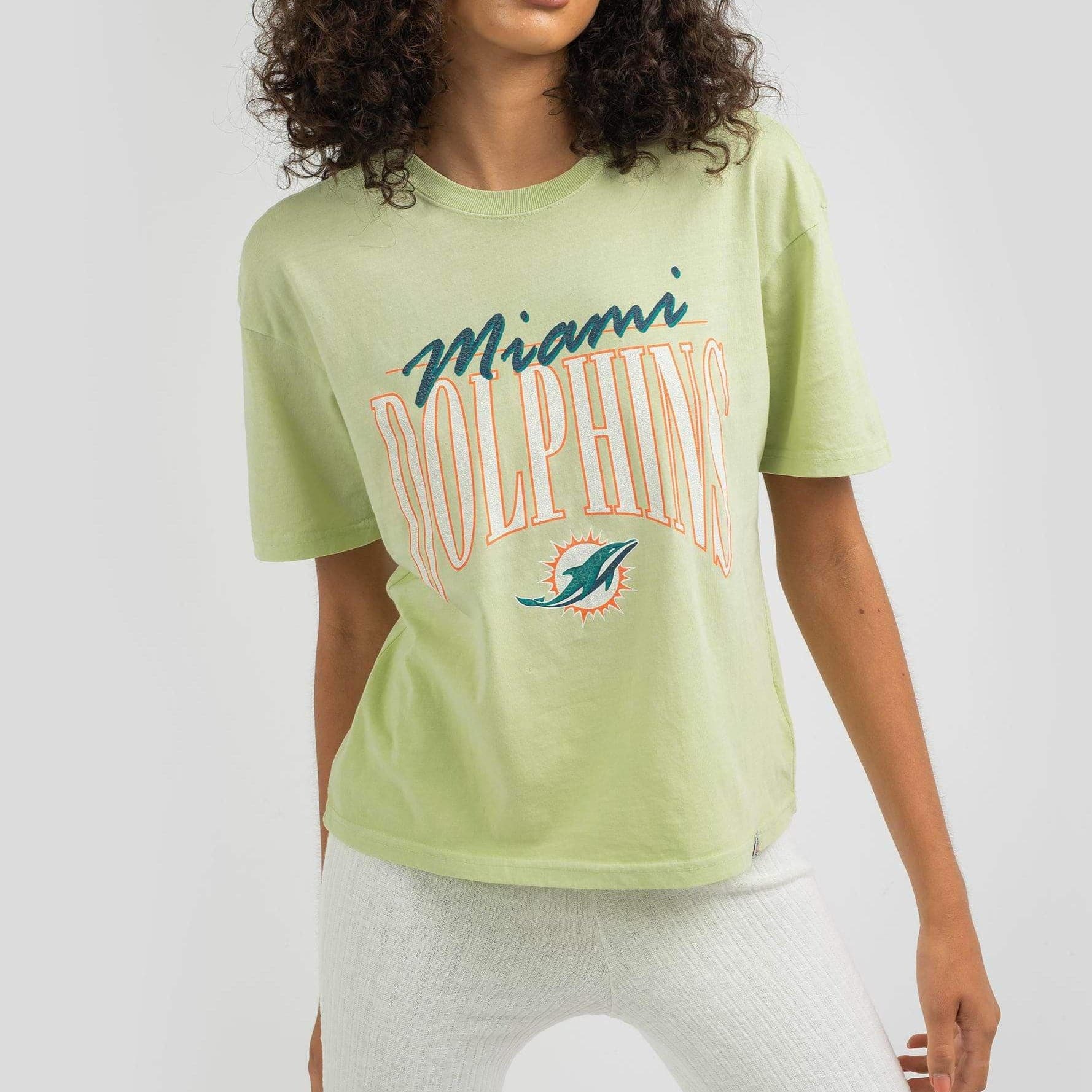 Majestic Athletic T-Shirts Womens Miami Dolphins Majestic NFL Arch Boxy T-Shirt - Cucumber
